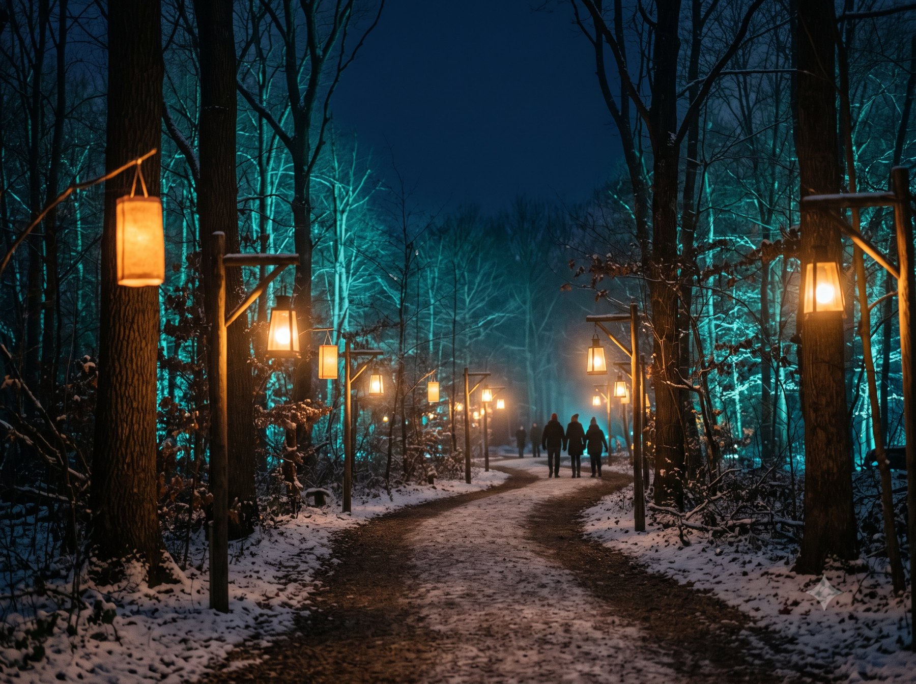 Lantaarnverlicht pad door besneeuwd bos tijdens winterevent