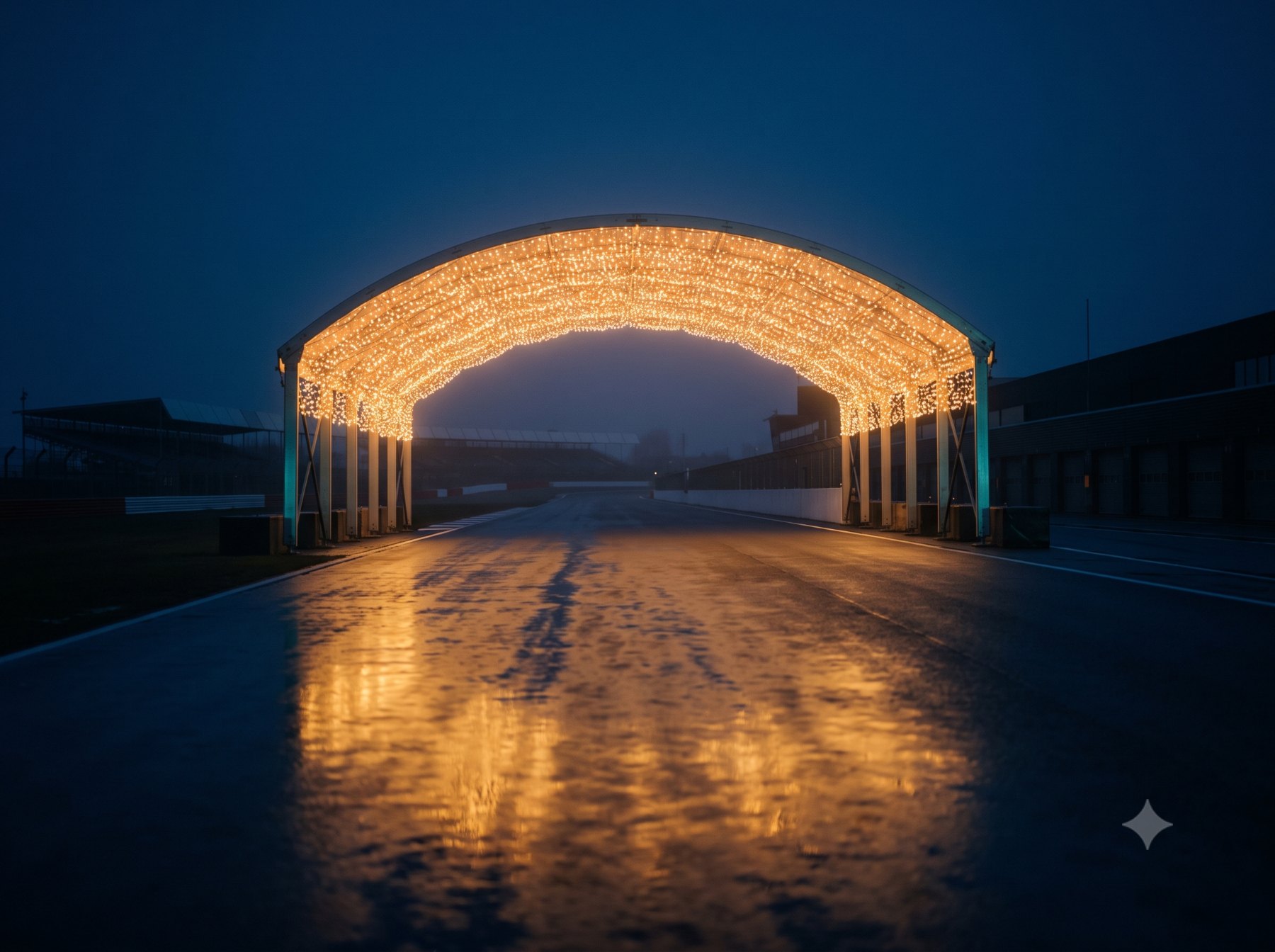 Verlichte lichttunnel over het circuit met reflecties in nat asfalt